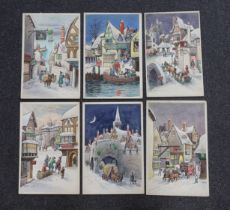 Frederick George Lewin (1861 - 1933) set of six watercolours, Regency style Christmas card scenes,