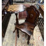 A Victorian mahogany hall chair and a Victorian walnut tripod games table, width 56cm, height 73cm