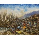 Ernst Louizor, (Haitian 1938-2011) oil on board, Figures before a landscape, partial Port Au