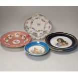 Five 19th century Sevres style porcelain plates or dishes, largest 24cm