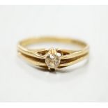 A n 18ct gold and claw set solitaire diamond ring, size P, gross weight 3 grams.