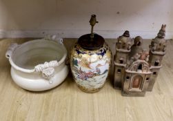 A large pottery cream ground jardiniere, Chinese lamp and architectural pottery lantern / night