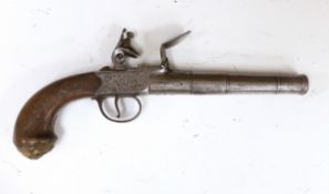 A Queen Anne style boxlock flintlock cannon barrelled holster pistol by T. London, maker's mark