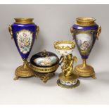 A pair of Sevres style porcelain ormolu mounted vases, a similar putti stemmed cup and a bowl and
