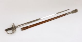 An Edward VII infantry officer's sword in leather scabbard, blade 85cm