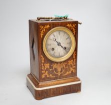 A 19th century French rosewood and marquetry inlaid mantel clock with silvered dial, 22cm high