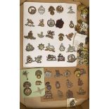 A collection of military cap badges, including Royal Sussex Reg, Royal Warwickshire, King’s Own