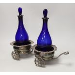 A plated twin coaster trolley and two Bristol blue decanters, trolley 43cm long