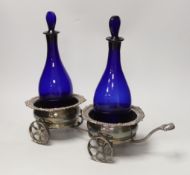 A plated twin coaster trolley and two Bristol blue decanters, trolley 43cm long