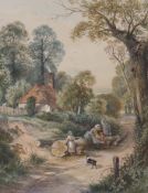 After Myles Birket Foster RWS (1825-1899), watercolour, Figures on a country pathway, monogrammed,