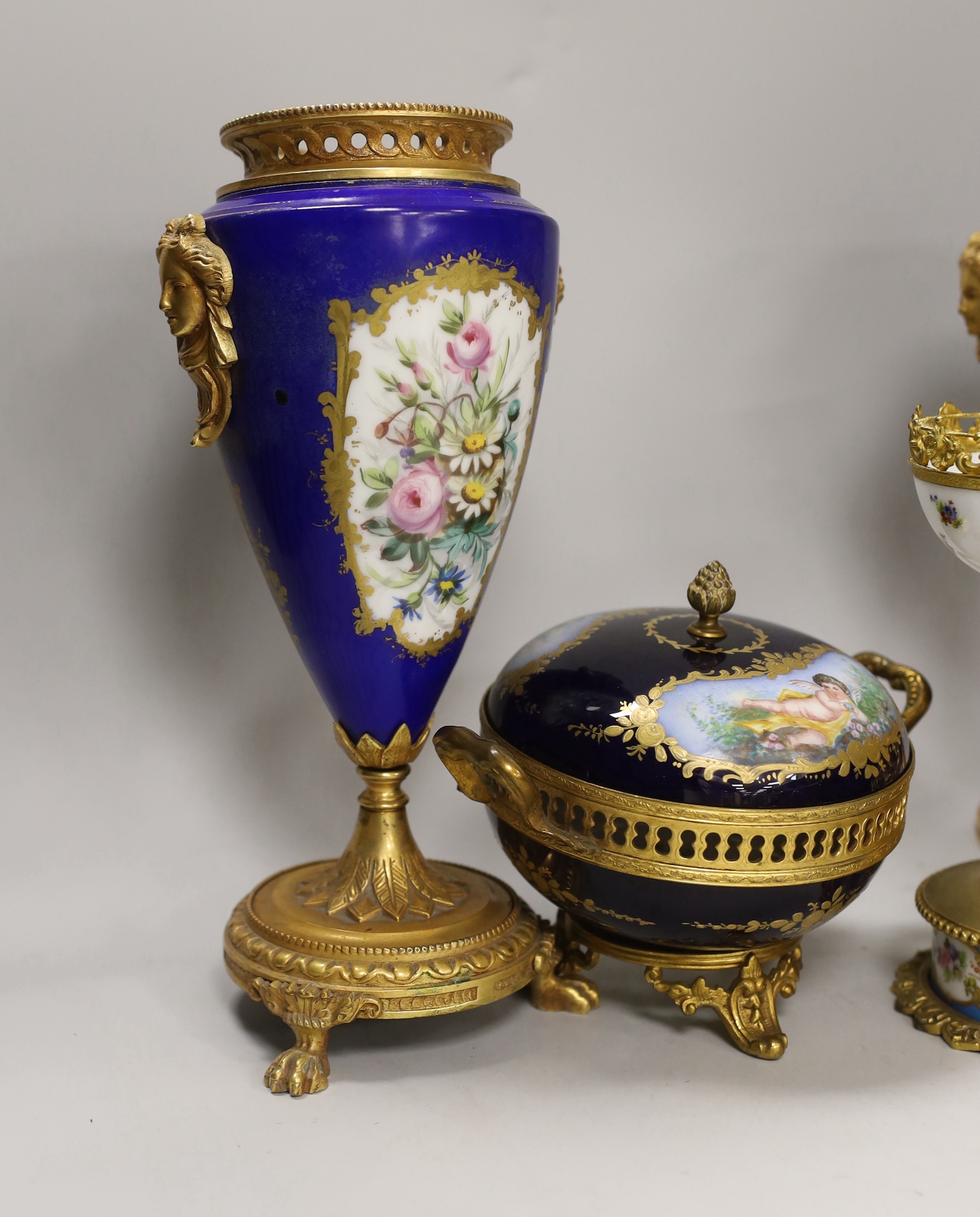 A pair of Sevres style porcelain ormolu mounted vases, a similar putti stemmed cup and a bowl and - Image 4 of 6