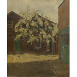 20th century English School, oil on canvas, Tree before buildings, possibly Camberwell or Euston