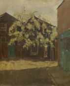 20th century English School, oil on canvas, Tree before buildings, possibly Camberwell or Euston