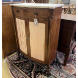 A George III Sheraton style faded rosewood bow front marble top side cabinet, width 65cm, depth