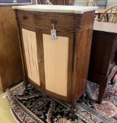 A George III Sheraton style faded rosewood bow front marble top side cabinet, width 65cm, depth
