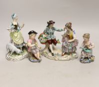 Four German porcelain figures and figural groups, including Sitzendorf, tallest 16.5cm