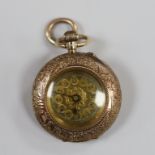 An early 20th century continental engraved 14k fob watch, with Roman dial, case diameter 29mm, gross
