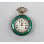 An early 20th century continental gilt white metal? and green enamel set fob watch, with Roman