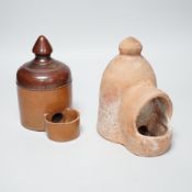 A late 18th / early 19th century Sussex pottery bird feeder and a Denby example, the largest 17cm