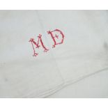 Ten 19th century French coarse provincial sheets, embroidered with initials MD