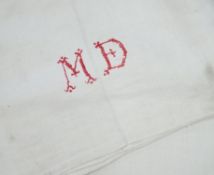 Ten 19th century French coarse provincial sheets, embroidered with initials MD