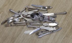 A collection of silver plated flatware including cased teaspoons, dessert knives, together with a