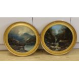 Late 19th / early 20th century, pair of oils on concave tin panels, Rocky river landscapes, each