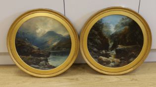 Late 19th / early 20th century, pair of oils on concave tin panels, Rocky river landscapes, each
