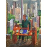 Michael Buhler (1940-2009), oil on canvas, Seated figure before skyscrapers, inscribed verso '