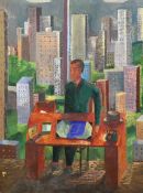 Michael Buhler (1940-2009), oil on canvas, Seated figure before skyscrapers, inscribed verso '