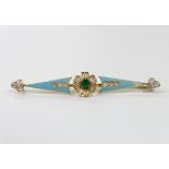 A yellow metal, emerald and diamond cluster set enamelled bar brooch, 74mm, gross weight 8.9 grams.