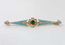 A yellow metal, emerald and diamond cluster set enamelled bar brooch, 74mm, gross weight 8.9 grams.
