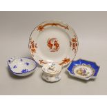 Four Meissen porcelain items including a plate, two small outside decorated dishes and a miniature