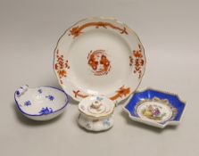 Four Meissen porcelain items including a plate, two small outside decorated dishes and a miniature