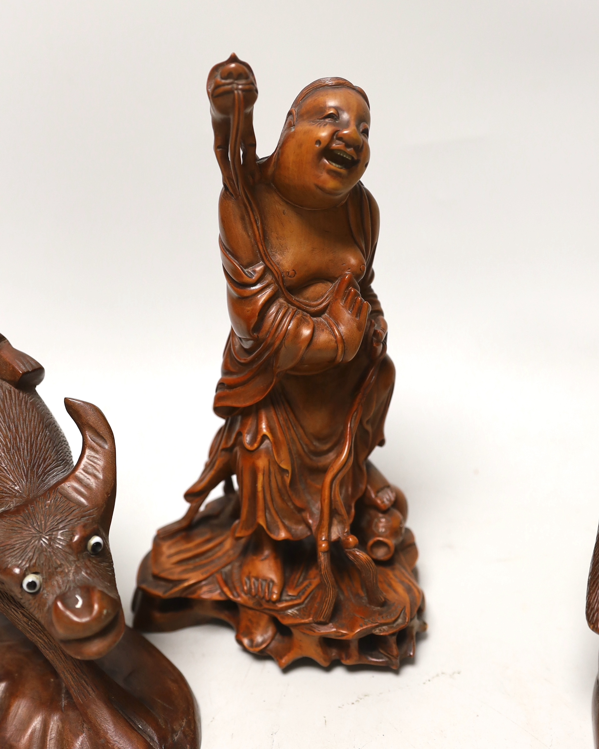 Three Chinese carved hardwood figures, tallest 23cm - Image 3 of 5