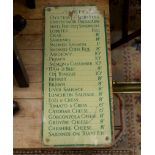 An early 20th century glass 'Tariff' menu board, width 27cm, height 52cm
