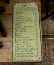 An early 20th century glass 'Tariff' menu board, width 27cm, height 52cm