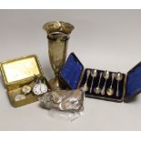 A Princess Mary 1914 Christmas tin, a defence medal, silver vase, coins and sundries