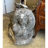 A carved stone lion, (probably antique and a column support) length 84cm, depth 40cm, height 45cm