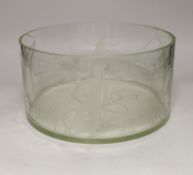 A large glass bowl engraved with artistic gymnastic scenes, 30cm diameter