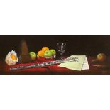 Clive Melbourne (contemporary), oil on canvas, Still life with flute initialled, 49 x 19cm