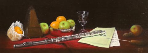 Clive Melbourne (contemporary), oil on canvas, Still life with flute initialled, 49 x 19cm