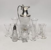 A silver plate mounted glass claret jug and various glasses