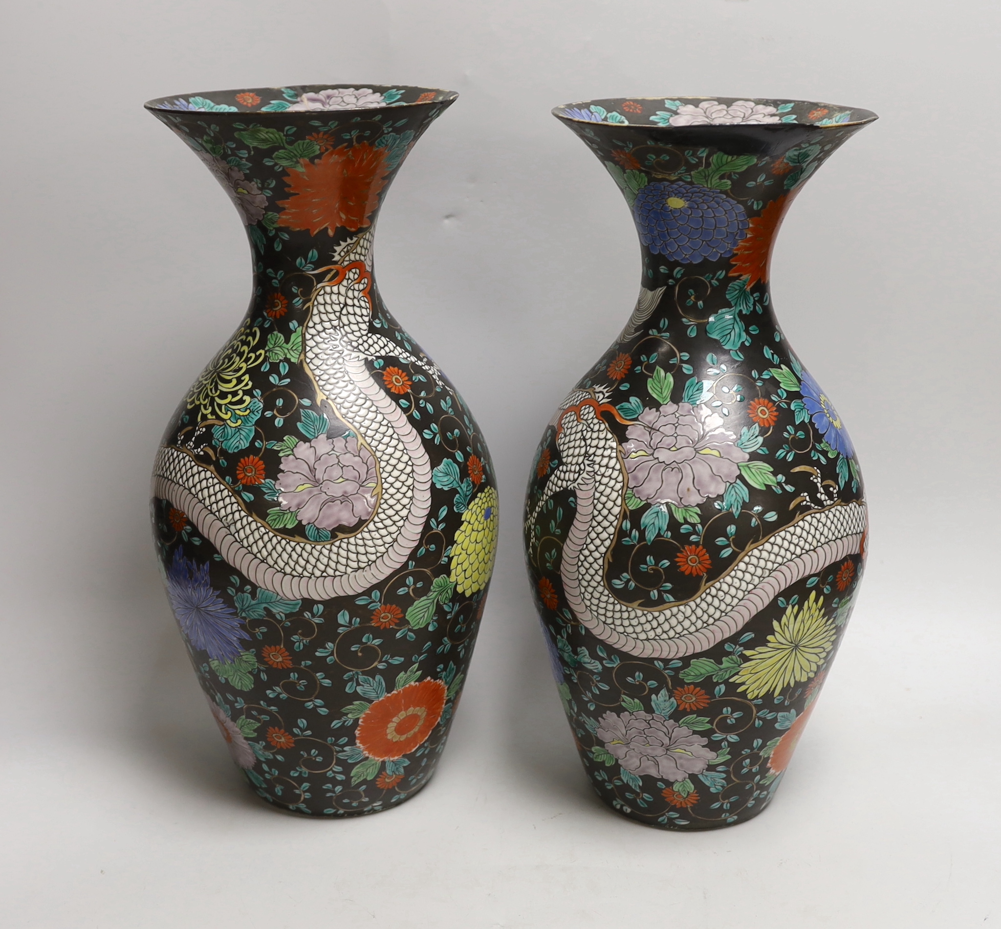 A pair of Japanese black ground ‘dragon’ vases, 37cm - Image 2 of 4