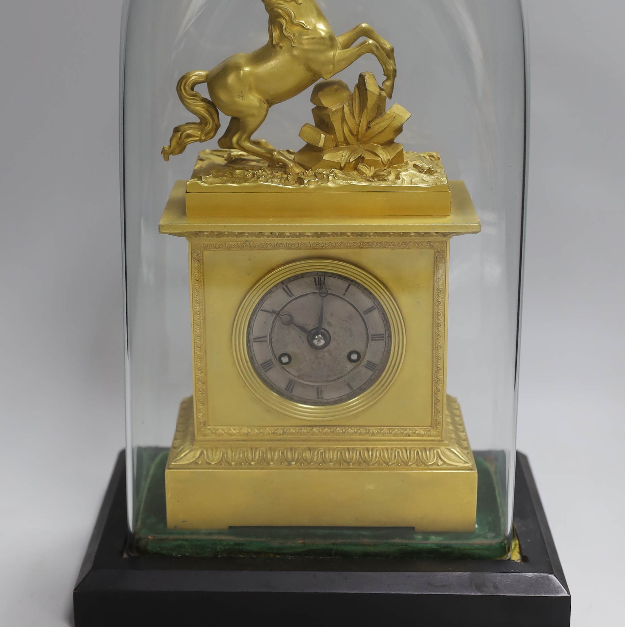 A French mid 19th century gilt mantel clock under dome, striking on a bell, 38 cm high - Image 2 of 4