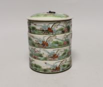 An early 20th century Chinese enamelled porcelain four section stacking food container and cover,