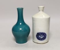 A Chinese green monochrome vase and a flask, tallest 17cm