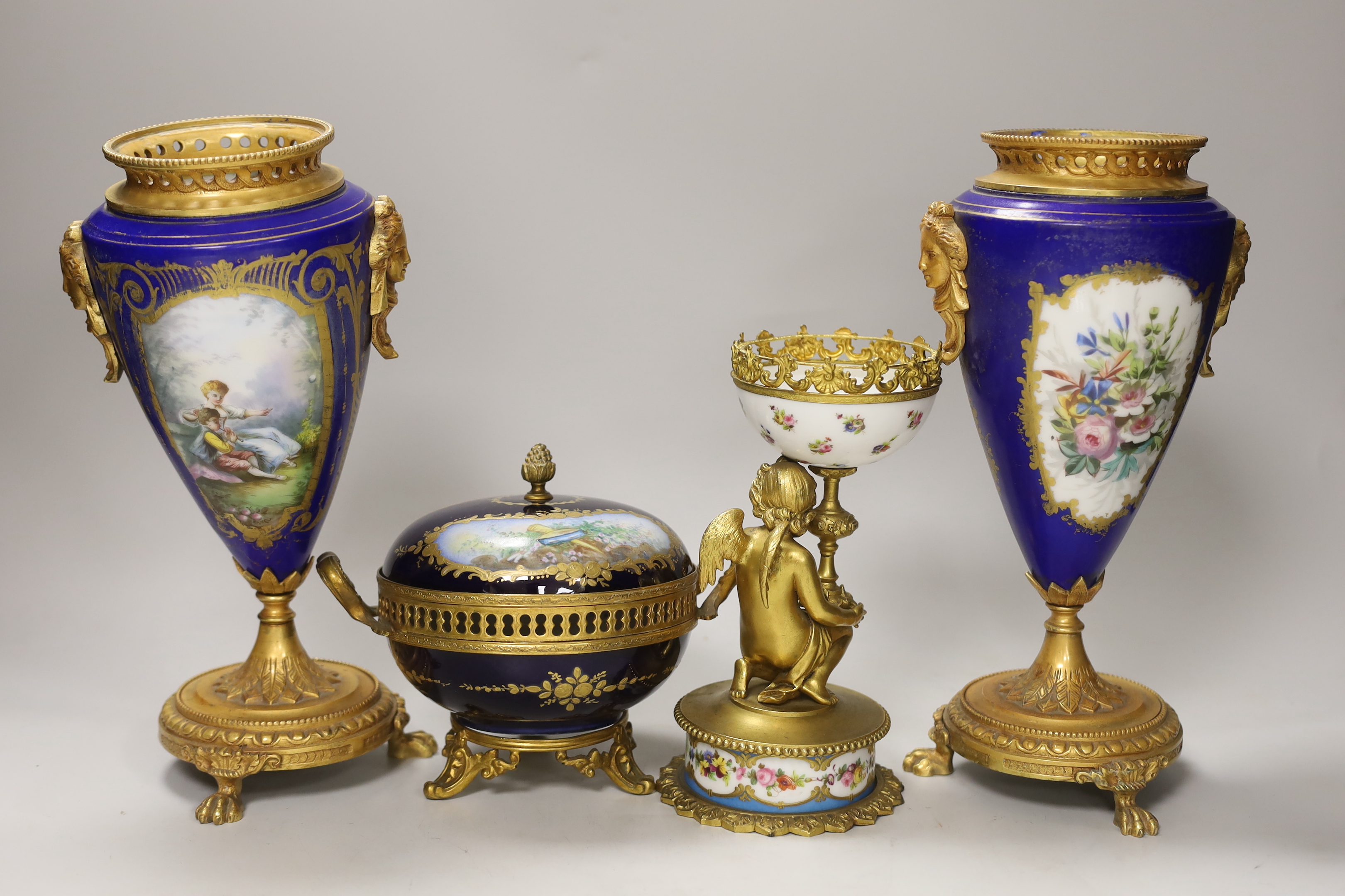 A pair of Sevres style porcelain ormolu mounted vases, a similar putti stemmed cup and a bowl and - Image 6 of 6