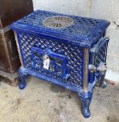 An early 20th century French Chauffette blue enamelled conservatory heater, width 54cm, depth