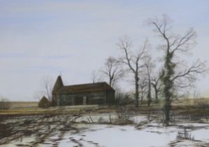 Paul Evans (b. 1950) gouache, Oast house in winter landscape, signed and dated 1982, 49cm x 35cm